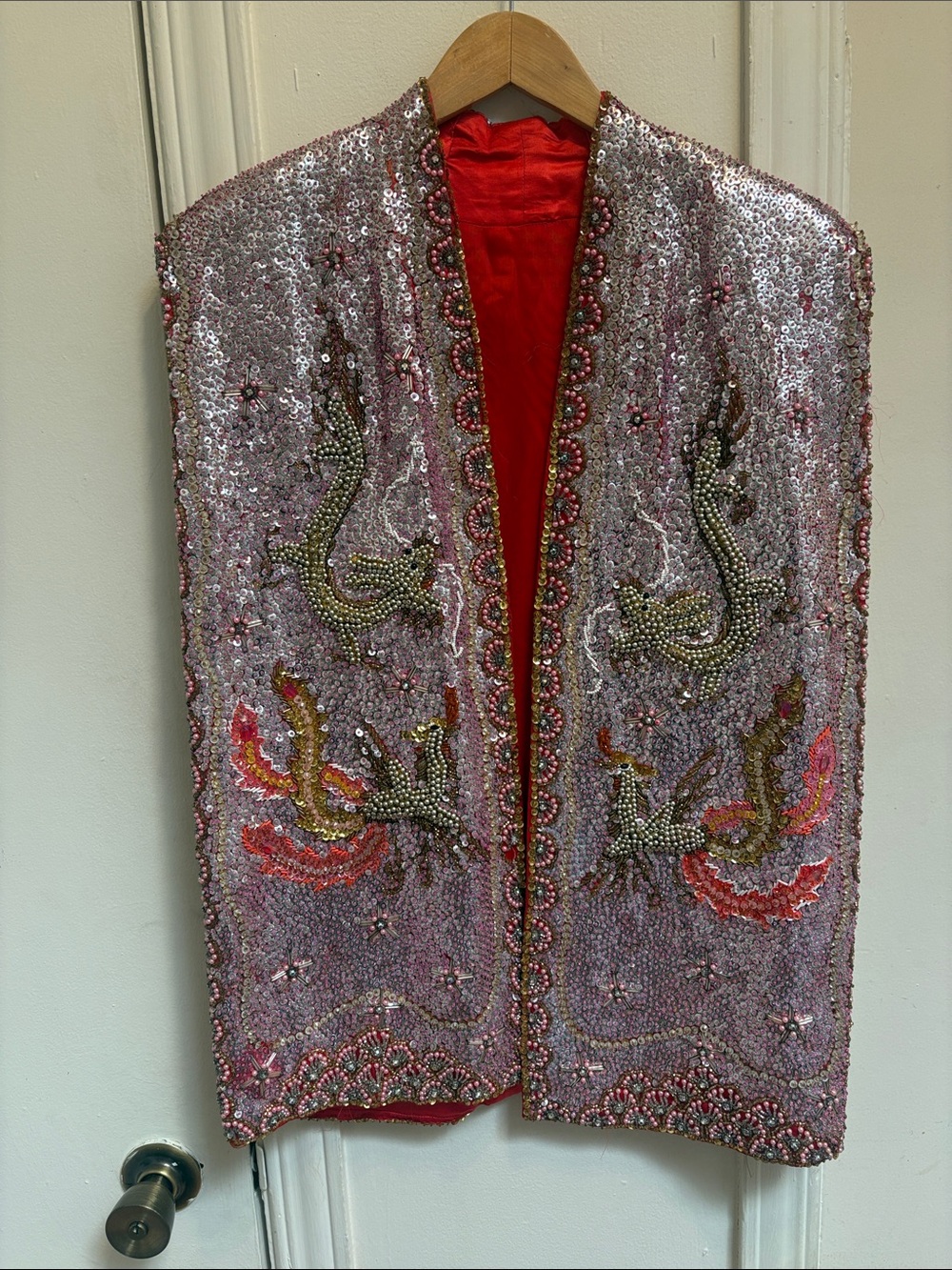 vintage 50s mid century Embellished Pink Sequin Embroidered Asian Silk Vest